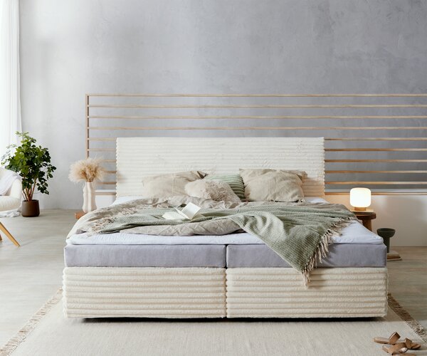 DELIFE Boxspring ágy Dream-Well plüss kordbársony bézs 200x200 cm bonell matrac PU-topper