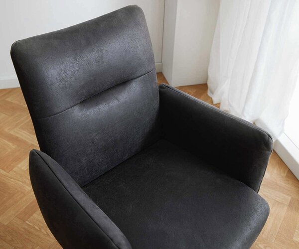 DELIFE Étkezőszék Jova-Flex karfás mikroszálas antracit vintage széles kereszt láb rozsdamentes acél 360° forgatható zsákrugós