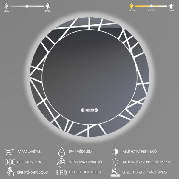 Kerek Led tükör Ø80cm Welland Chaday | Páramentesítő - Óra - Fényerő + színhőfok állítás