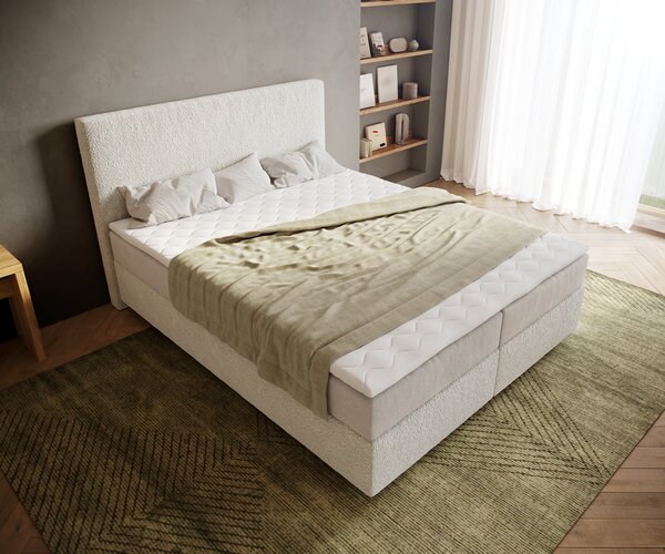 DELIFE Boxspring ágy Dream-Well 160x200 cm bouclé krémfehér zsákrugós matraccal és visco topperrel