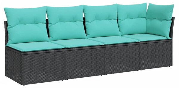 4 személyes fekete polyrattan kerti kanapé párnával