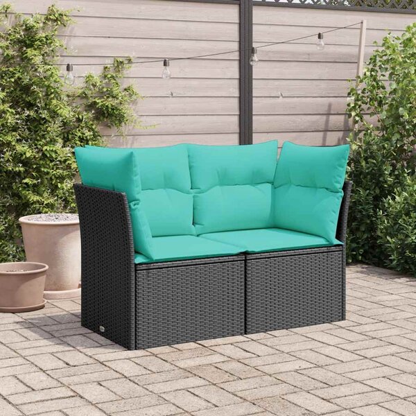 2 személyes fekete polyrattan kerti kanapé párnával