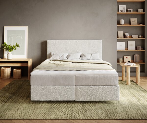 DELIFE Boxspring ágy Dream-Well 160x200 cm bouclé krémfehér zsákrugós matraccal és visco topperrel