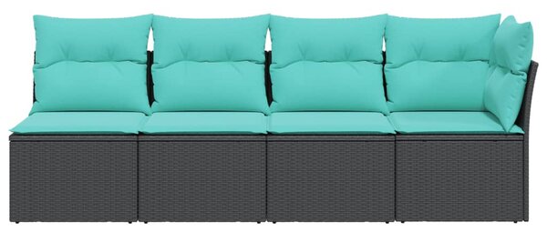 4 személyes fekete polyrattan kerti kanapé párnával