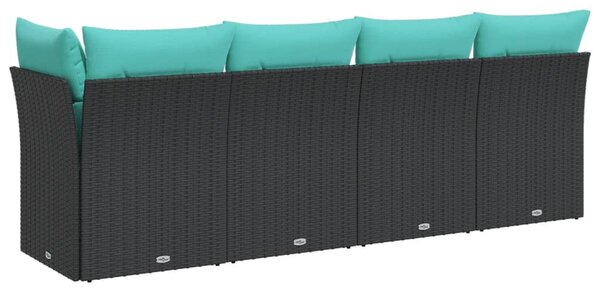 4 személyes fekete polyrattan kerti kanapé párnával