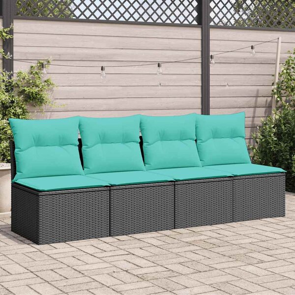 4 személyes fekete polyrattan kerti kanapé párnával