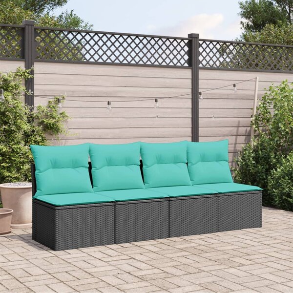 4 személyes fekete polyrattan kerti kanapé párnával