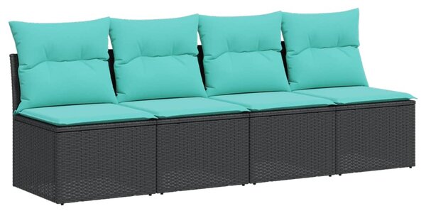4 személyes fekete polyrattan kerti kanapé párnával