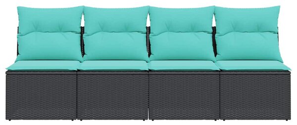 4 személyes fekete polyrattan kerti kanapé párnával