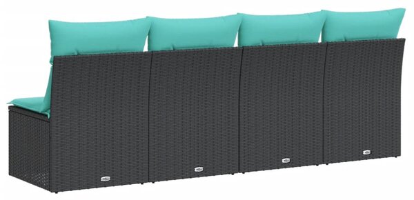 4 személyes fekete polyrattan kerti kanapé párnával