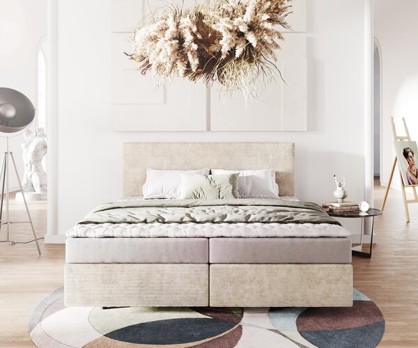 DELIFE Boxspring ágy Dream-Well 180x200 cm kordbársony bézs matraccal és topperrel
