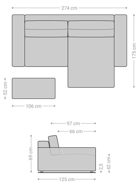 DELIFE Sarokkanapé Lanzo XL 270x180 cm mikroszálas szürke változtatható rekamié puffal