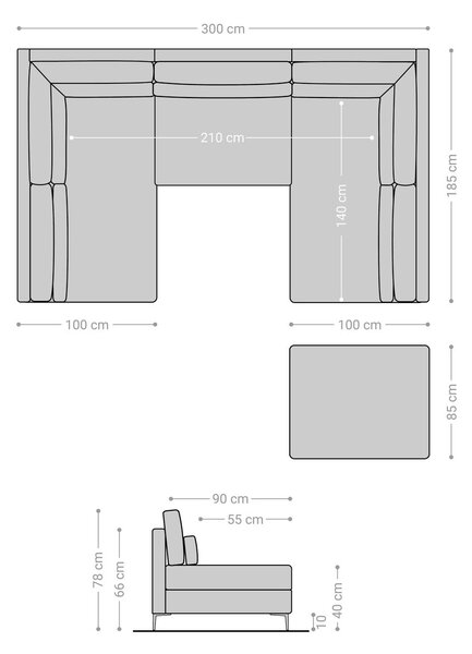 DELIFE "U alakú kanapé Elio 300x185 cm bőr imitáció vintage barna antik puffal"