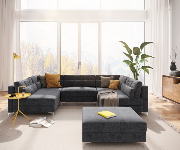 DELIFE "U alakú kanapé Elio 300x185 cm mikroszálas grafit puffal"