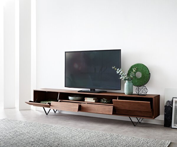 DELIFE TV szekrény Eloi 240x35 cm akác barna 2 ajtós 2 fiókos V-láb fekete