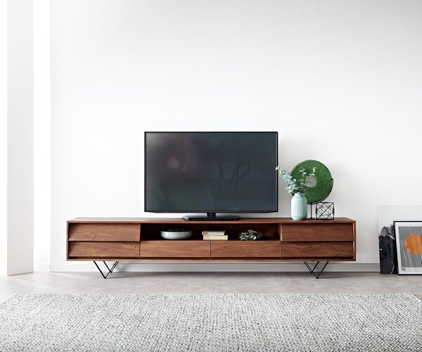 DELIFE TV szekrény Eloi 240x35 cm akác barna 2 ajtós 2 fiókos V-láb fekete