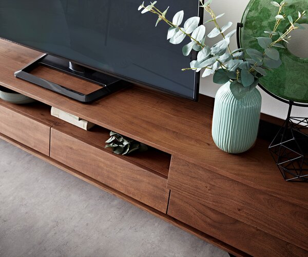 DELIFE TV szekrény Eloi 240x35 cm akác barna 2 ajtós 2 fiókos V-láb fekete