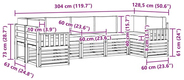 Kültéri kanapé szett 6 pcs Fehér és bézs 304 x 128,5 x 73 cm