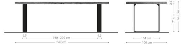 DELIFE Étkezőasztal Edge 240x100 cm akác természetes rozsdamentes acél keskeny Live-Edge