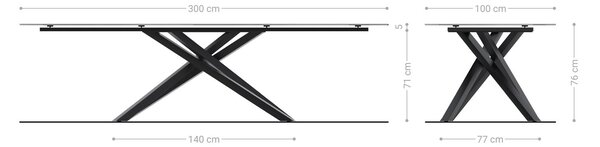 DELIFE Étkezőasztal Edge 300x100 domborított üveg füstfekete 3D design kereszt láb téglalap alakú fekete