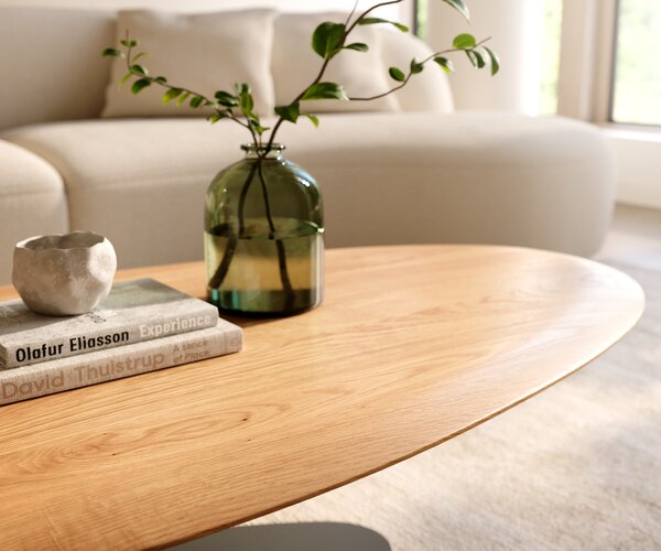 DELIFE Dohányzóasztal Edge ovális 140x75 cm tölgy természetes kerek él Vibany fém fekete