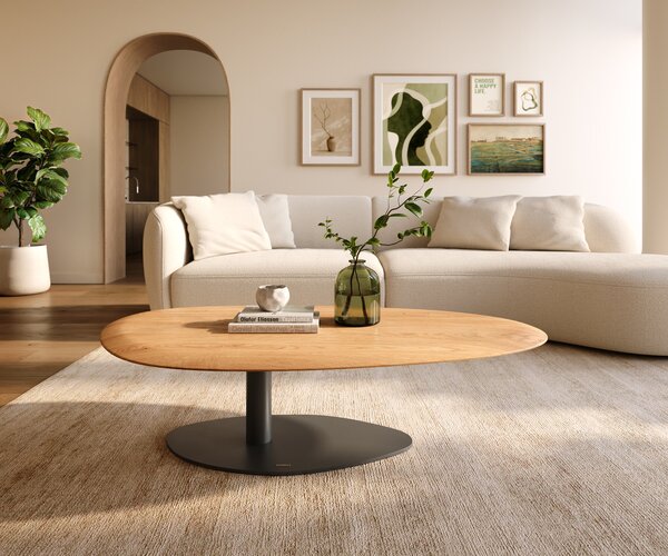 DELIFE Dohányzóasztal Edge ovális 140x75 cm tölgy természetes kerek él Vibany fém fekete