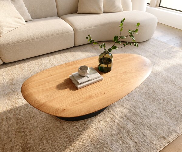 DELIFE Dohányzóasztal Edge ovális 140x75 cm tölgy természetes kerek él Vibany fém fekete
