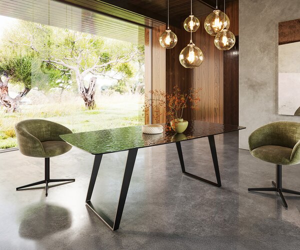 DELIFE Étkezőasztal Edge hajóformájú 200x100 domborított üveg füstfekete 3D design fém ferde fekete