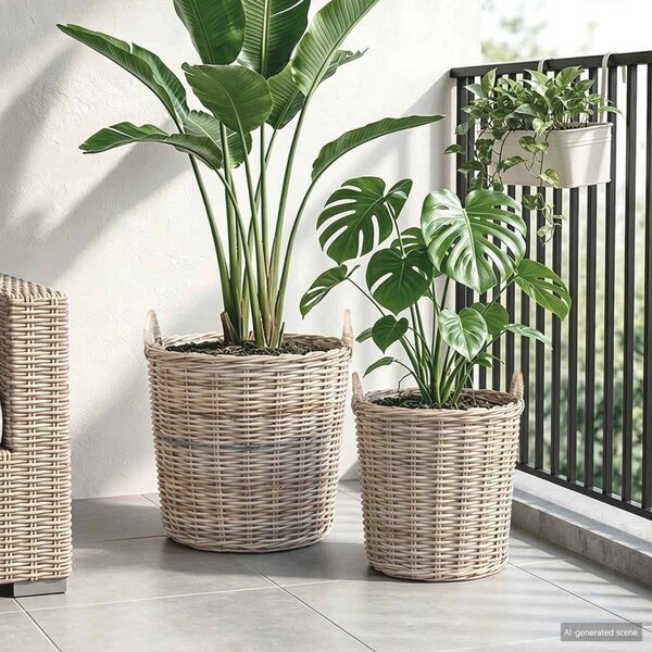 Virágkosár tárolóval 2 db Természetes szürke Lacak rattan