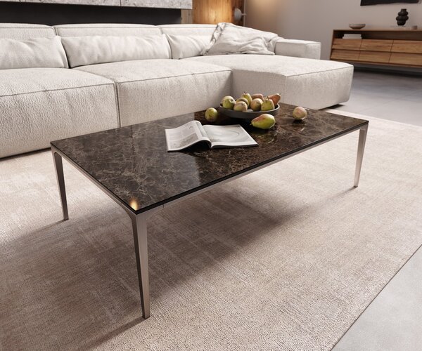 DELIFE Dohányzóasztal Levente 110x60 cm kerámia Laminam® Emperador Extra Lucidato sötétbarna rozsdamentes acél láb ezüst