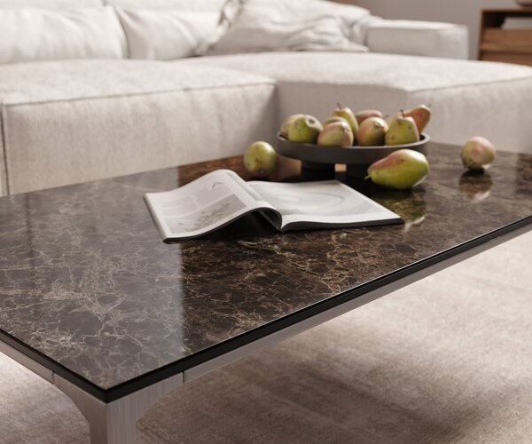 DELIFE Dohányzóasztal Levente 110x60 cm kerámia Laminam® Emperador Extra Lucidato sötétbarna rozsdamentes acél láb ezüst