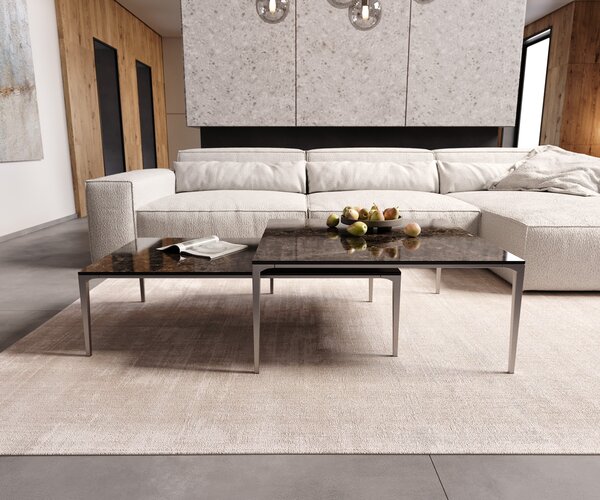 DELIFE Dohányzóasztal Levente 110x60 cm kerámia Laminam® Emperador Extra Lucidato sötétbarna rozsdamentes acél láb ezüst