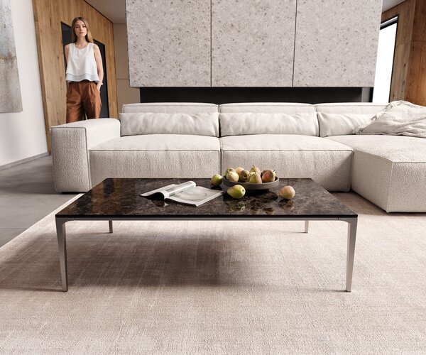 DELIFE Dohányzóasztal Levente 110x60 cm kerámia Laminam® Emperador Extra Lucidato sötétbarna rozsdamentes acél láb ezüst