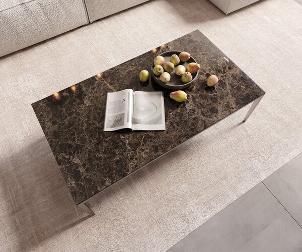 DELIFE Dohányzóasztal Levente 110x60 cm kerámia Laminam® Emperador Extra Lucidato sötétbarna rozsdamentes acél láb ezüst