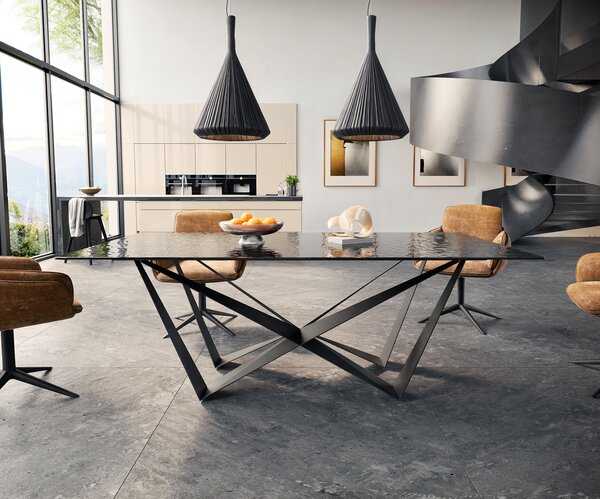 DELIFE Étkezőasztal Edge 200x100 domborított üveg füstfekete 3D design Spider laposacél fekete