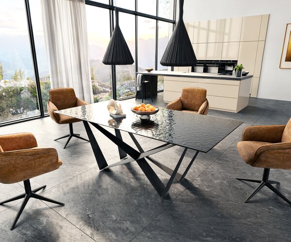 DELIFE Étkezőasztal Edge 200x100 domborított üveg füstfekete 3D design Spider laposacél fekete