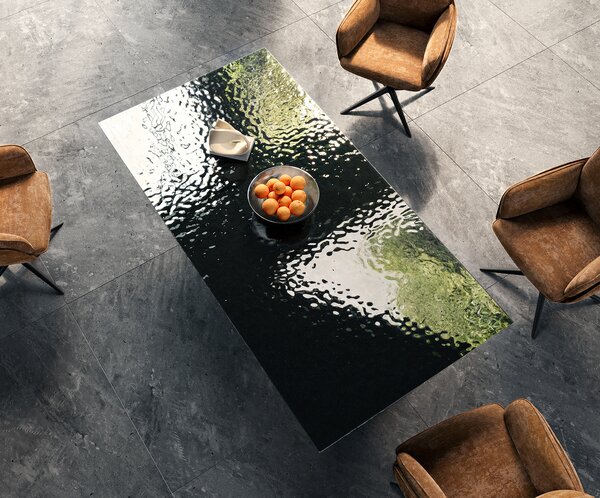 DELIFE Étkezőasztal Edge 200x100 domborított üveg füstfekete 3D design Spider laposacél fekete
