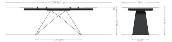 DELIFE Étkezőasztal Edge 200-300x100 domborított üveg füstfekete 3D design V alakú láb laposacél fekete kihúzható
