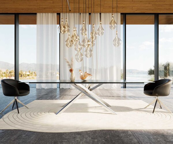 DELIFE Étkezőasztal Edge 300x100 domborított üveg füstfekete 3D design kereszt láb rozsdamentes acél