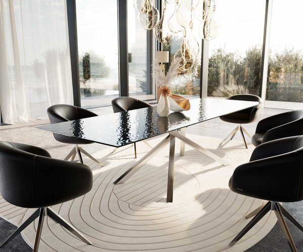 DELIFE Étkezőasztal Edge 300x100 domborított üveg füstfekete 3D design kereszt láb rozsdamentes acél