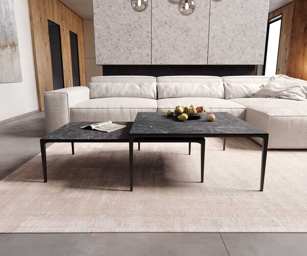 DELIFE Dohányzóasztal Levente 85x85 cm Laminam® Nero Greco antracit kerámia fém láb fekete