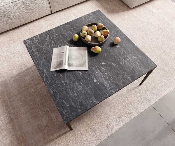 DELIFE Dohányzóasztal Levente 85x85 cm Laminam® Nero Greco antracit kerámia fém láb fekete