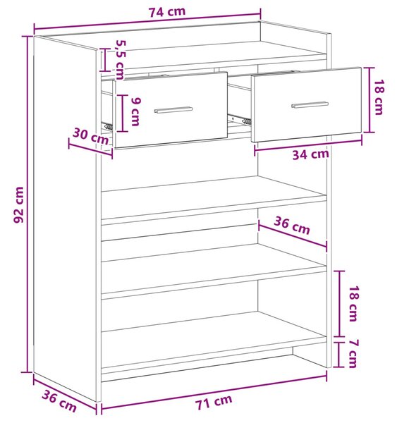 Cipőszekrény fiókkal Füstös Tölgy 73,5 x 36 x 92 cm Szerelt Fa