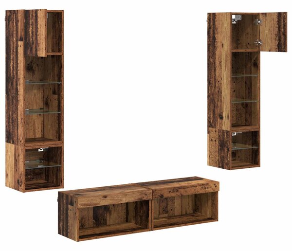 TV faliszekrény LED -es lámpákkal 6 pcs Öreg fa Faanyag
