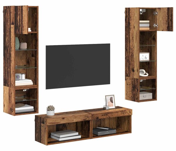 TV faliszekrény LED -es lámpákkal 6 pcs Öreg fa Faanyag