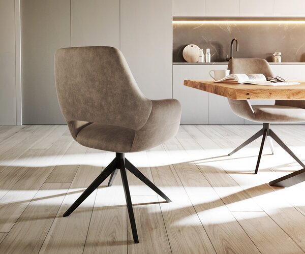 DELIFE Étkezőszék Yago-Flex karfás mikroszálas taupe vintage kereszt láb széles fekete zsákrugós