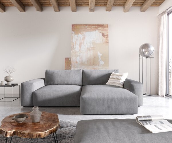 DELIFE Sarokkanapé Lanzo XL 270x180 cm mikroszálas szürke változtatható rekamié puffal
