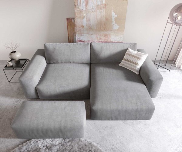 DELIFE Sarokkanapé Lanzo XL 270x180 cm mikroszálas szürke változtatható rekamié puffal