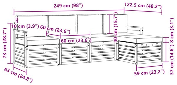Kültéri kanapé szett 5 pcs Fehér és Bézs 249 x 122,5 x 73 cm
