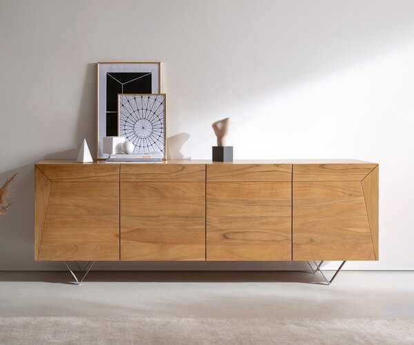 DELIFE Komód Kayu 200x40x70 cm akác természetes 4 ajtós V alakú láb